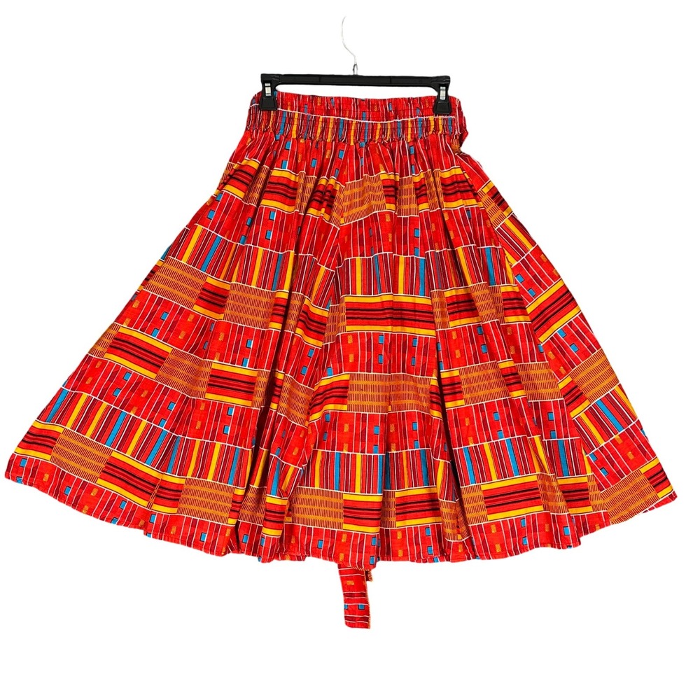 African Print Ankara‎ Knee Length Skirt Medium Red Orange Smocked Waist Boho - Picture 2 of 13